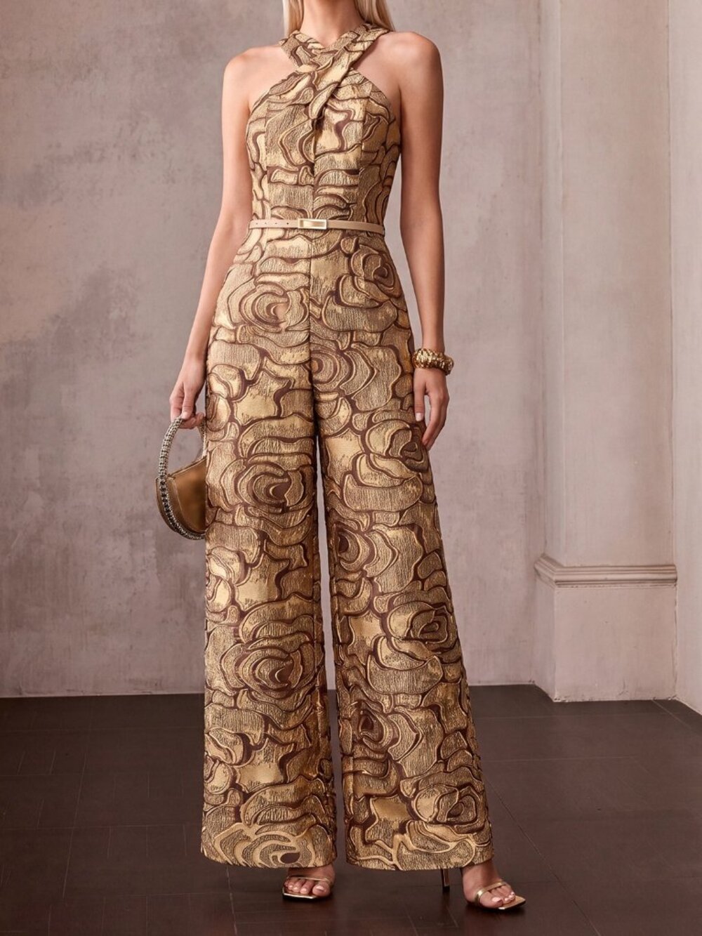 Khaki Elegant Women's 3D Rose Halter Long Jumpsuit